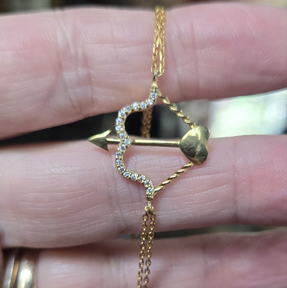 White Sapphire Sterling & Gold Arrow Heart Bracelet 14" - Picture 3 of 9
